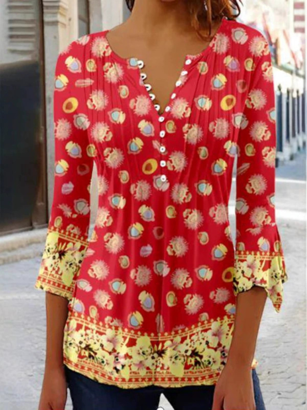 ZARA Summer Fashion Button Down Collar Three Quarter Sleeve Printed Blouse
